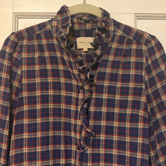 Sezane - Chloe Linen Plaid Ruffle Collar Women's Top - Picture 8 of 9